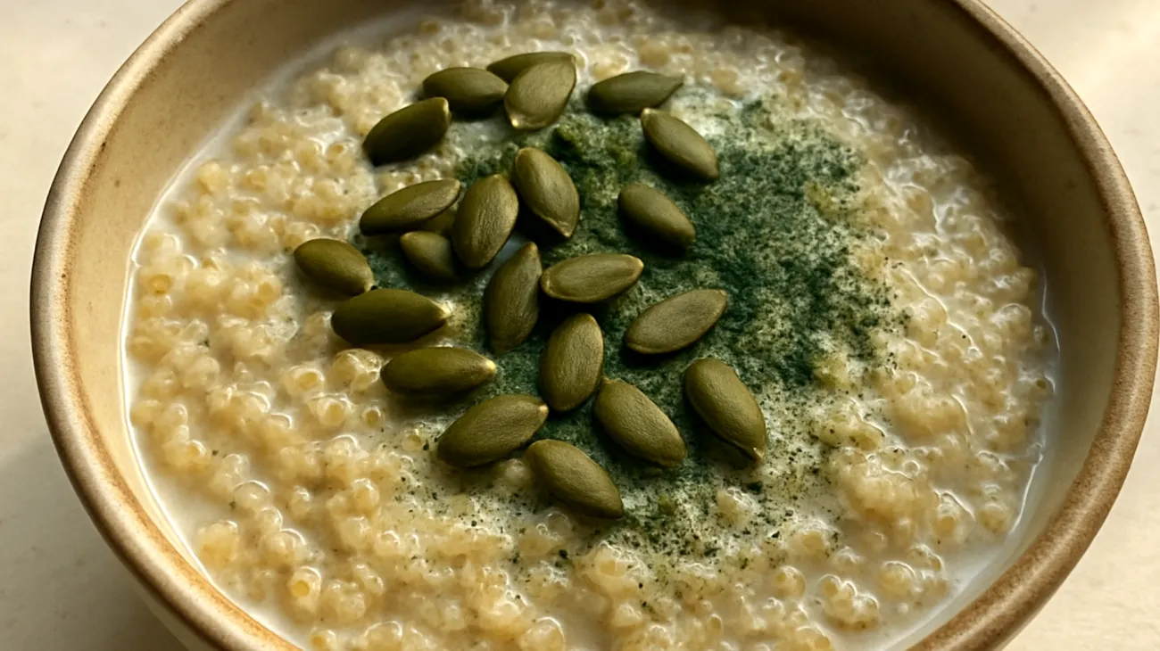 Porridge di quinoa con semi di zucca, spirulina e latte di mandorle"